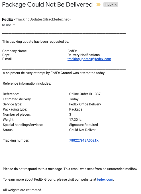 A Fedex phishing email message with the subject, Package Could Not Be Delivered.