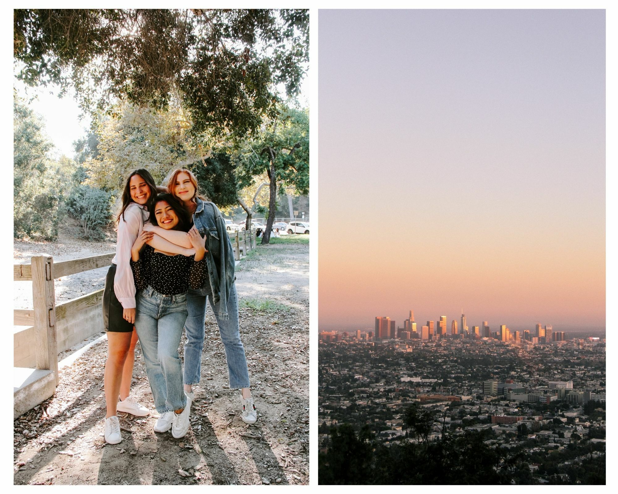 There's two photos in one: Maggie and her two friends in a farm-like area, smiling for the camera. The other photo is a picture of LA at sunset, the smog makes it so the city looks like a hazy fire.