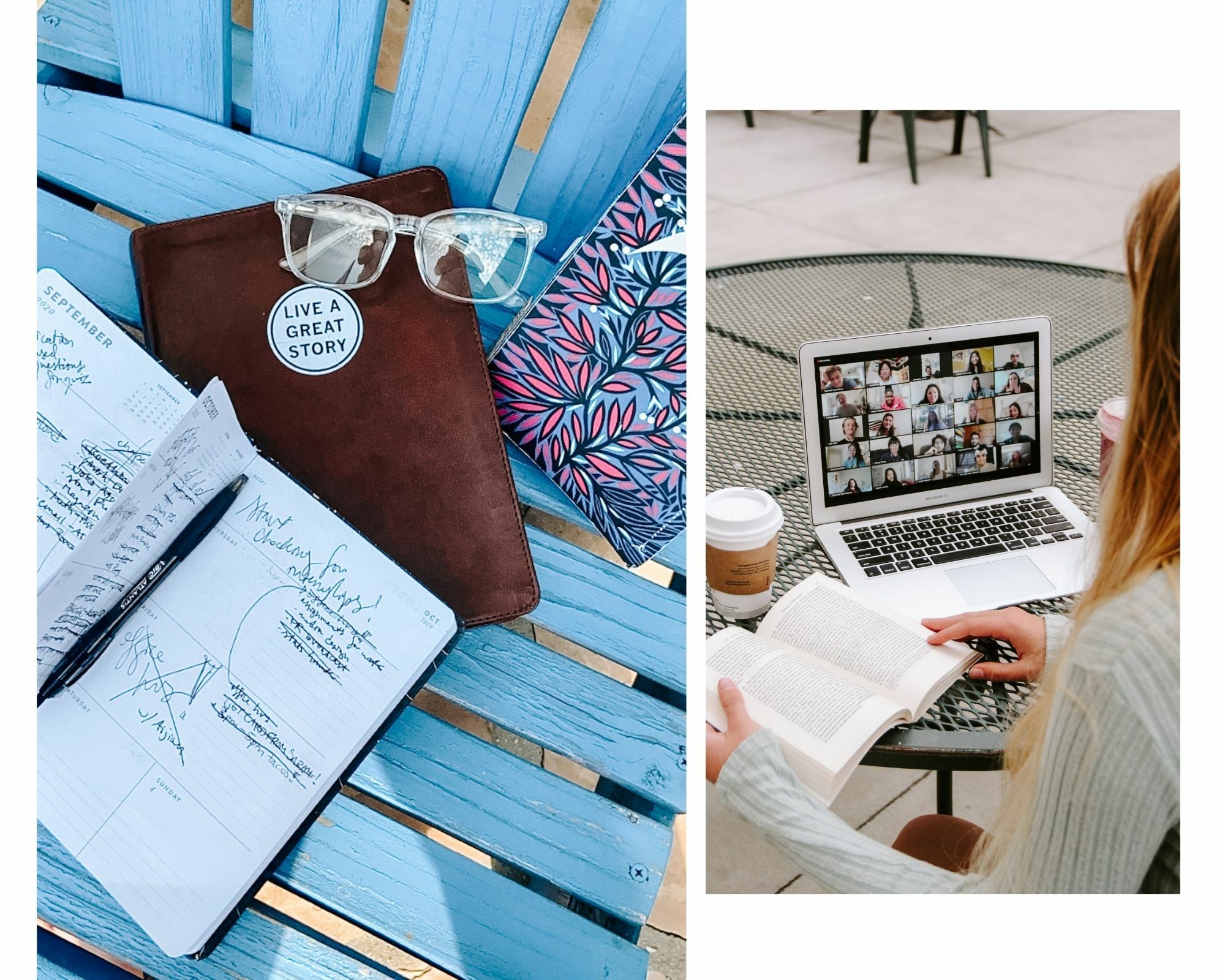 The photo on the left shows Maggie's bluelight glasses, her planner, journal and Bible. The photo on the right is one of Maggie's friends, participating in a Zoom session. She is wearing a mask.