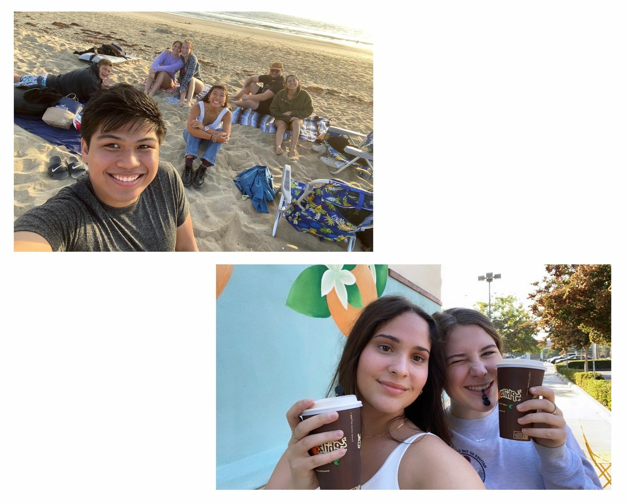 Two photos in one: Maggie and friend drinking Philz' Coffee, and then Maggie and a collection of Ambassadors at the beach