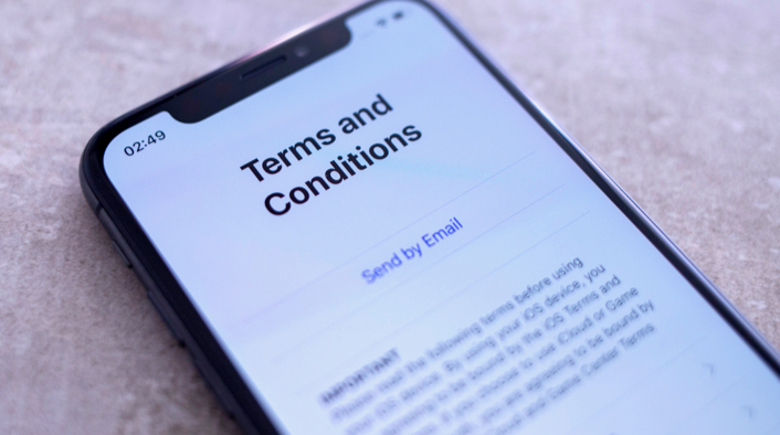 A smartphone screen displays an app's Terms and Conditions page.