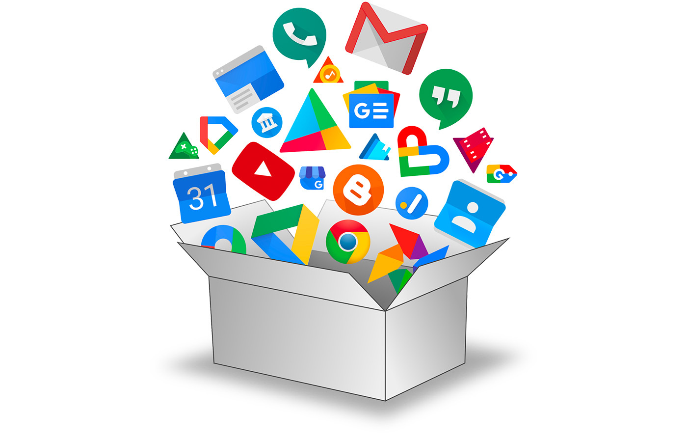 Icons from many Google services fly out of an open box.