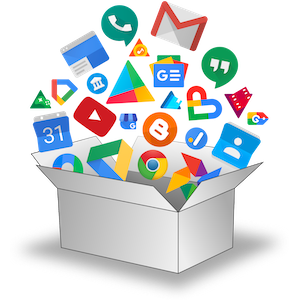 Icons from many Google services fly out of an open box.