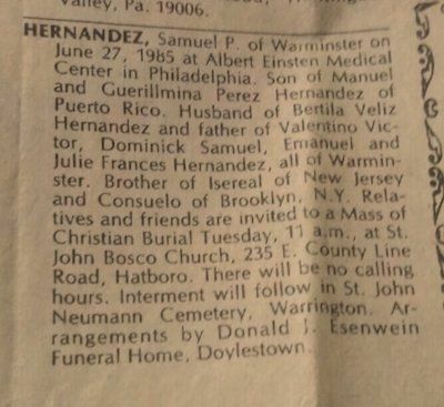 Image shows Dominick's Father's obituary