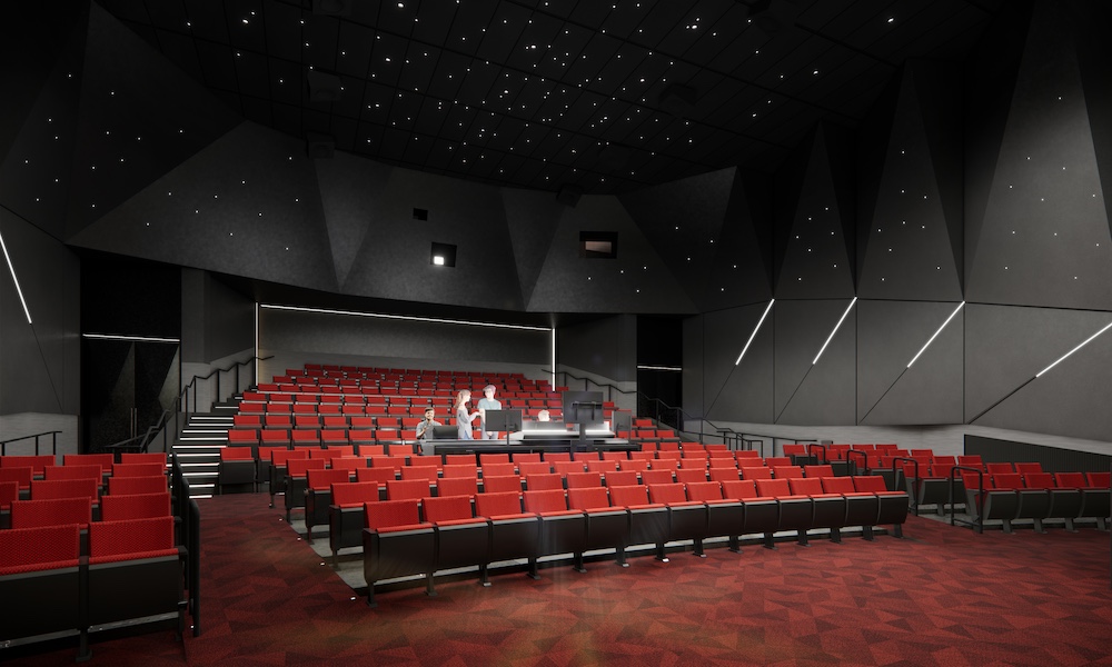 Image shows a rendering of an indoor theater in the new building