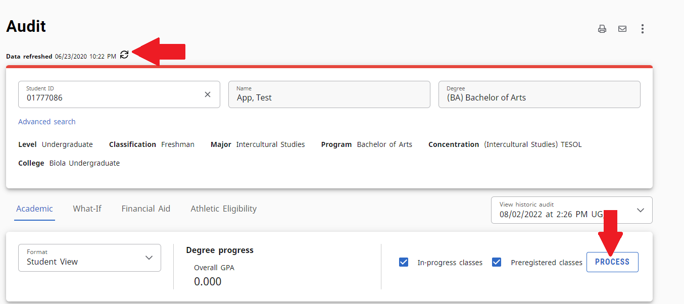 Screenshot of Degree Audit dashboard highlighting the "Refresh" button and the "Process" button