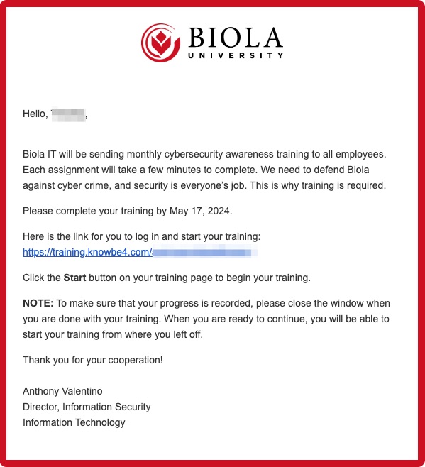 A red-bordered email message that displays the Biola logo and explains a cybersecurity training assignment.