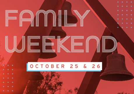 red background with white letters that say Family Weekend