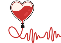 A graphic of a heart-shaped blood bag connected to a line, which trails off into a wavy red line resembling a pulse or heartbeat.