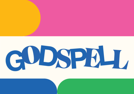 The word Godspell in crooked font on a brightly colored background