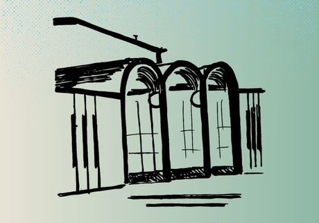 Pencil sketch of Crowell Music Bldg