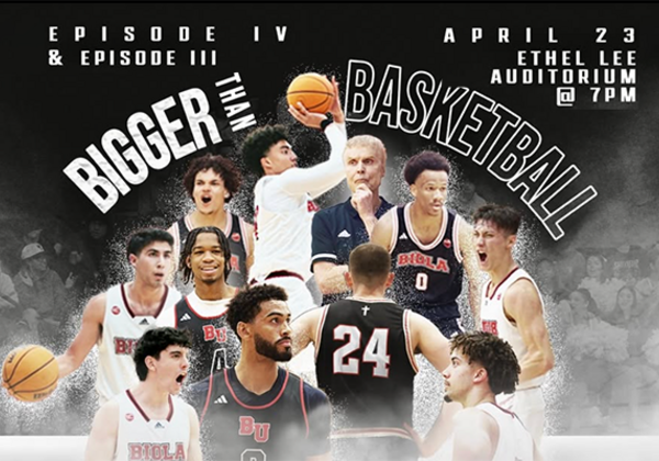 IMAGE INCLUDES CUTOUT PHOTOS OF BASKETBALL PLAYERS AND COACHES AND TEXT BIGGER THAN BASKETBALL AND APRIL 23 AT 7 P.M. IN ETHEL LEE AUDITORIUM