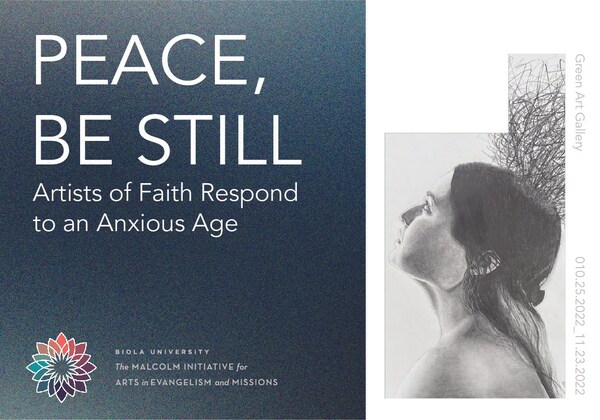 Text on a blue gradient background "Peace, Be Still: Artists of Faith Respond to an Anxious Age". Also with a detail image of pencil drawing by Alicia Fregoso showing a female figure looking upward with a cloud of scribbles over her head. 