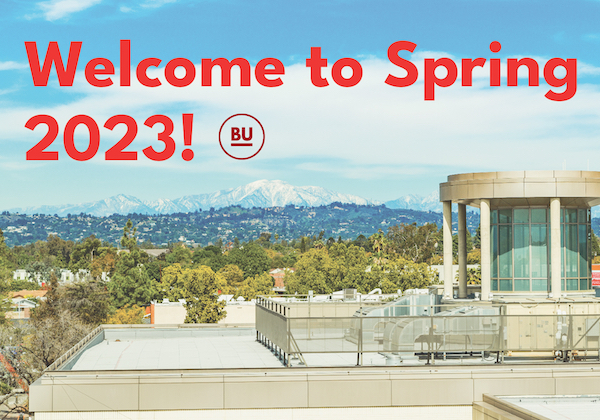 Welcome to Spring 2023 text over a photo of the Biola Library