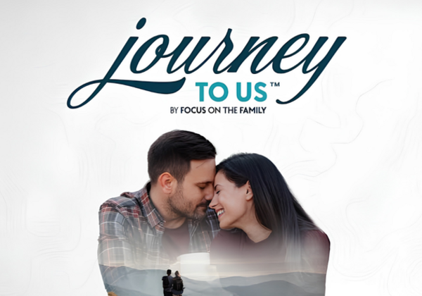 Promotional graphic for the Journey to Us marriage conference by Focus on the Family, featuring a smiling couple with their foreheads touching and the event logo above them.