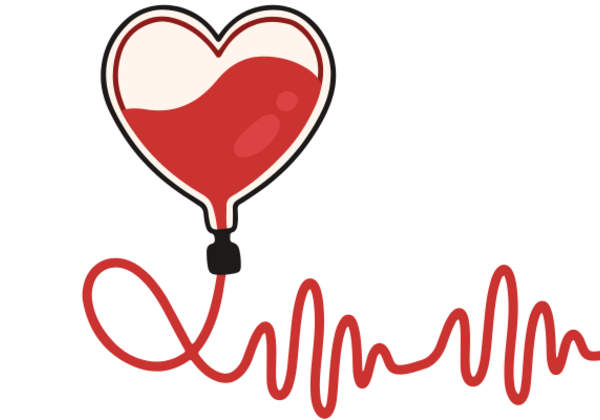 A graphic of a heart-shaped blood bag connected to a line, which trails off into a wavy red line resembling a pulse or heartbeat.