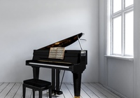 Black piano with lid up in a white room with a window