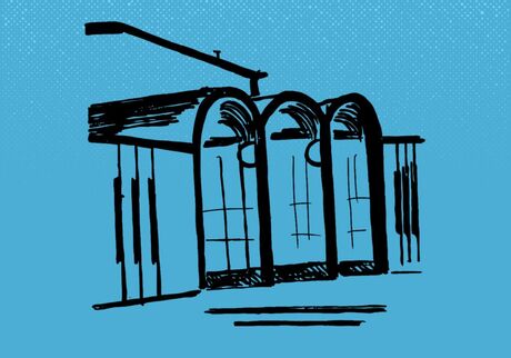 Pencil sketch of Crowell Music Bldg