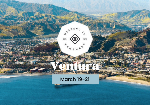 Aerial coastal view of Ventura, California, with mountains in the background and text promoting a Weekend to Remember event, March 19–21.