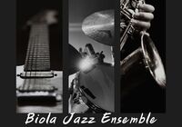 Black and white guitar neck, drum set, saxophone