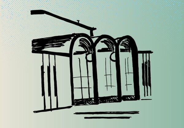 Pencil sketch of Crowell Music Bldg