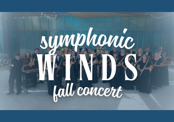 Faded photo of Symphonic Winds with superimposed text