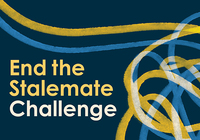 Image shows blue background with multiple blue and yellow swirl lines with text "End the Stalemate"