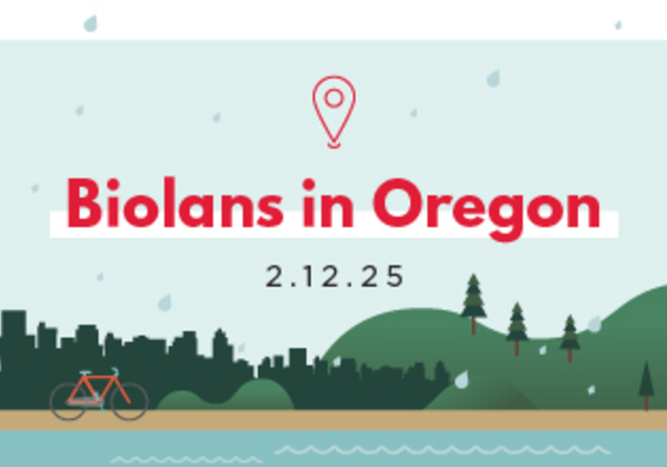 A graphic of a Oregon state landscape with text that reads Biolans in Oregon 02.12.25