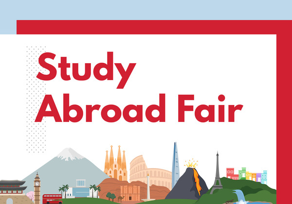 Study Abroad Fair banner with iconic landmarks in the background.