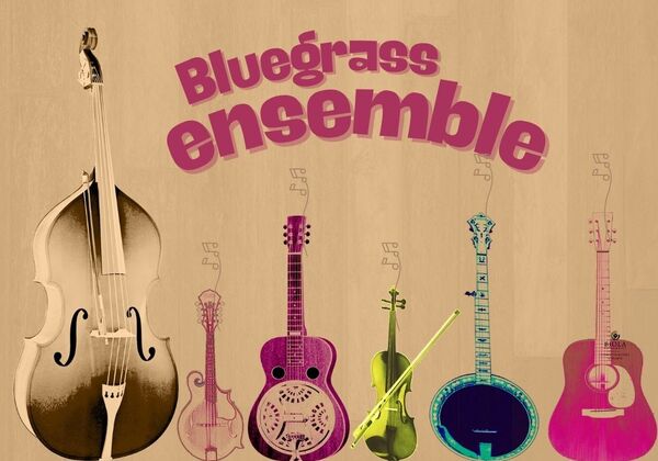 Guitar, banjo, fiddle on wooden background