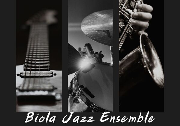 Black and white guitar neck, drum set, saxophone