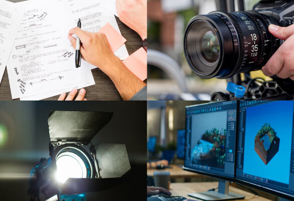Collage of images with screenwriting script, camera, lights and editing stations