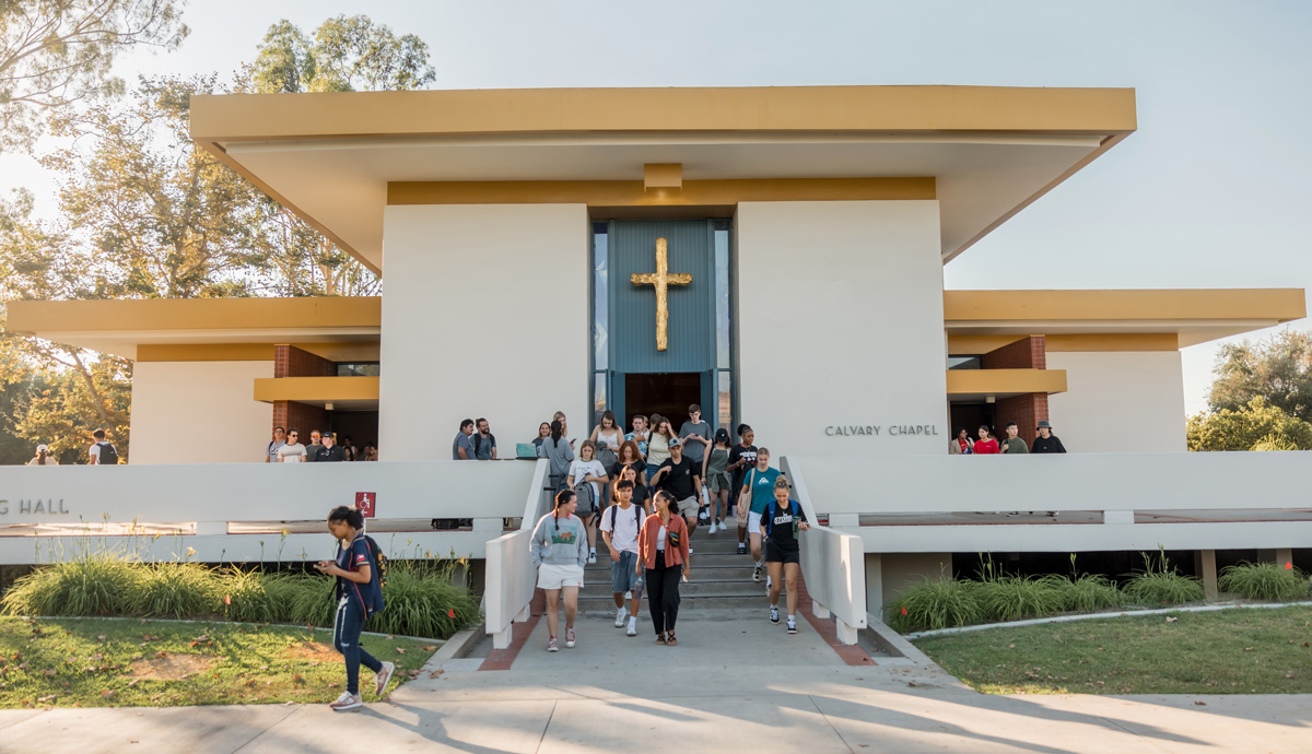 Calvary Chapel with students on stairs