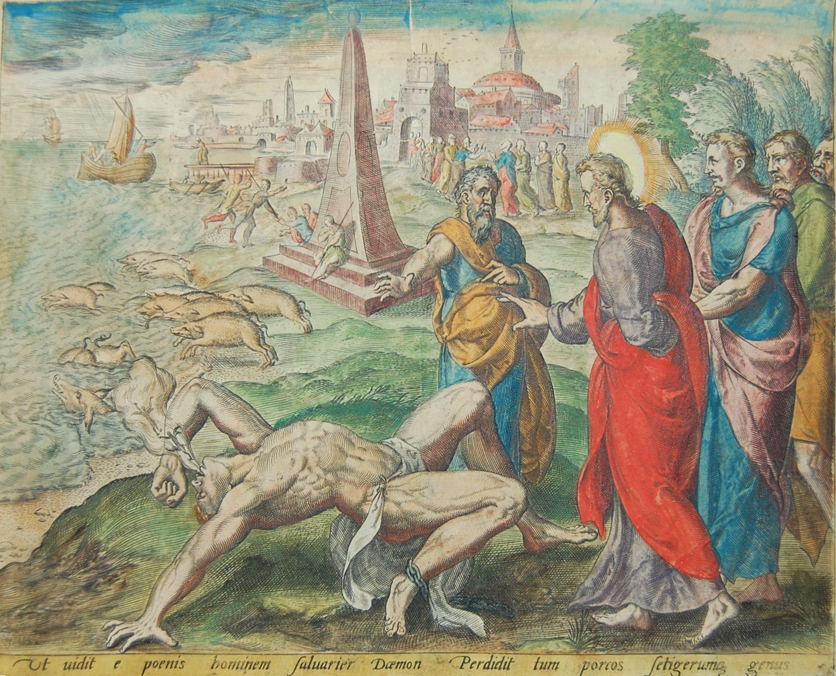 Christ Healing the Man Possessed by Devils - colored engraving