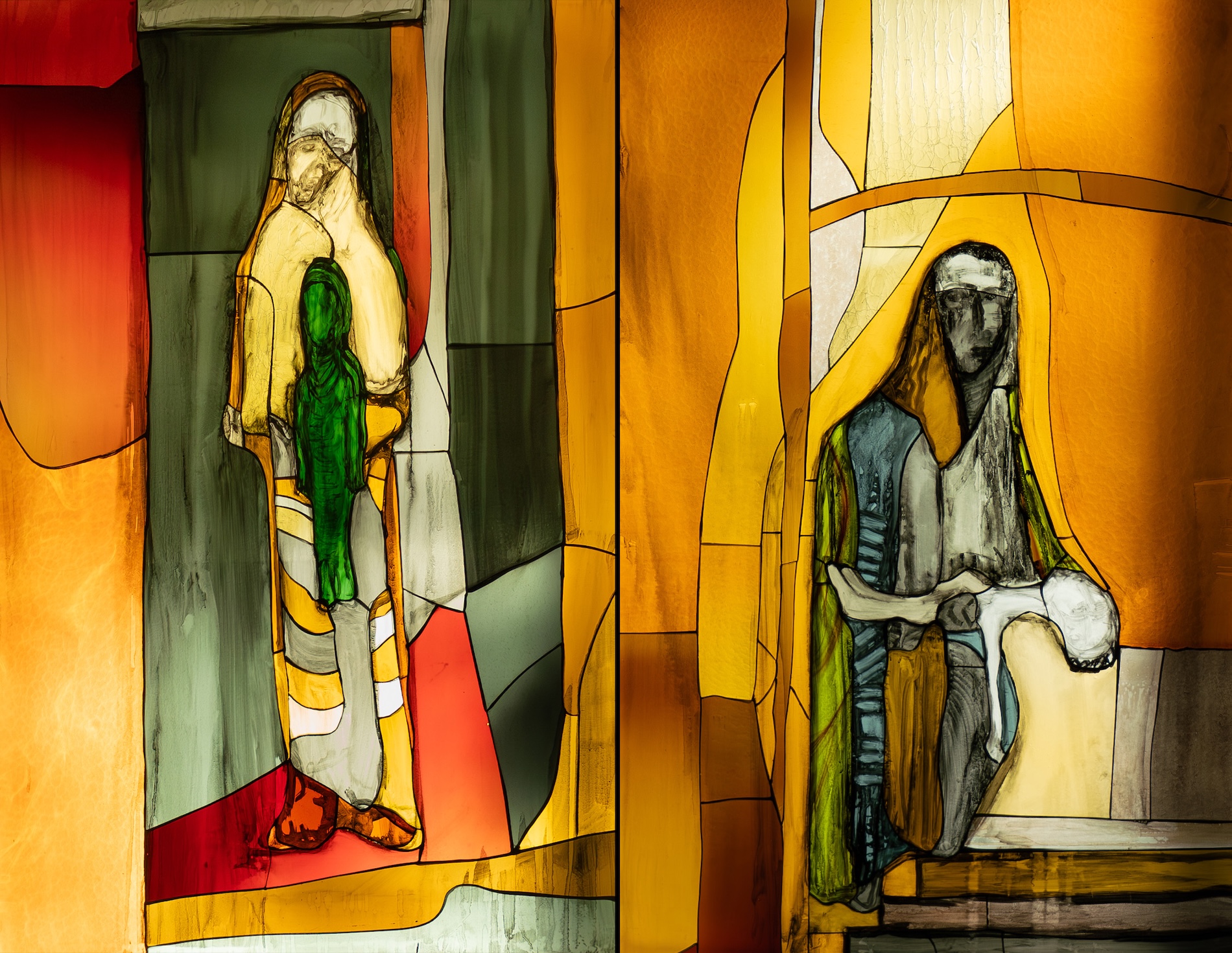 Elijah Raises the Widow's Son - top and bottom - stained glass