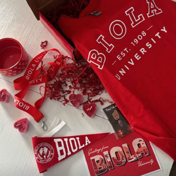 Biola t-shirt, pennant, postcard and pin