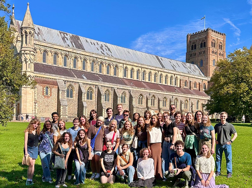 group photo in front of building