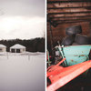 diptych of a snowy field and tires in a metal bin